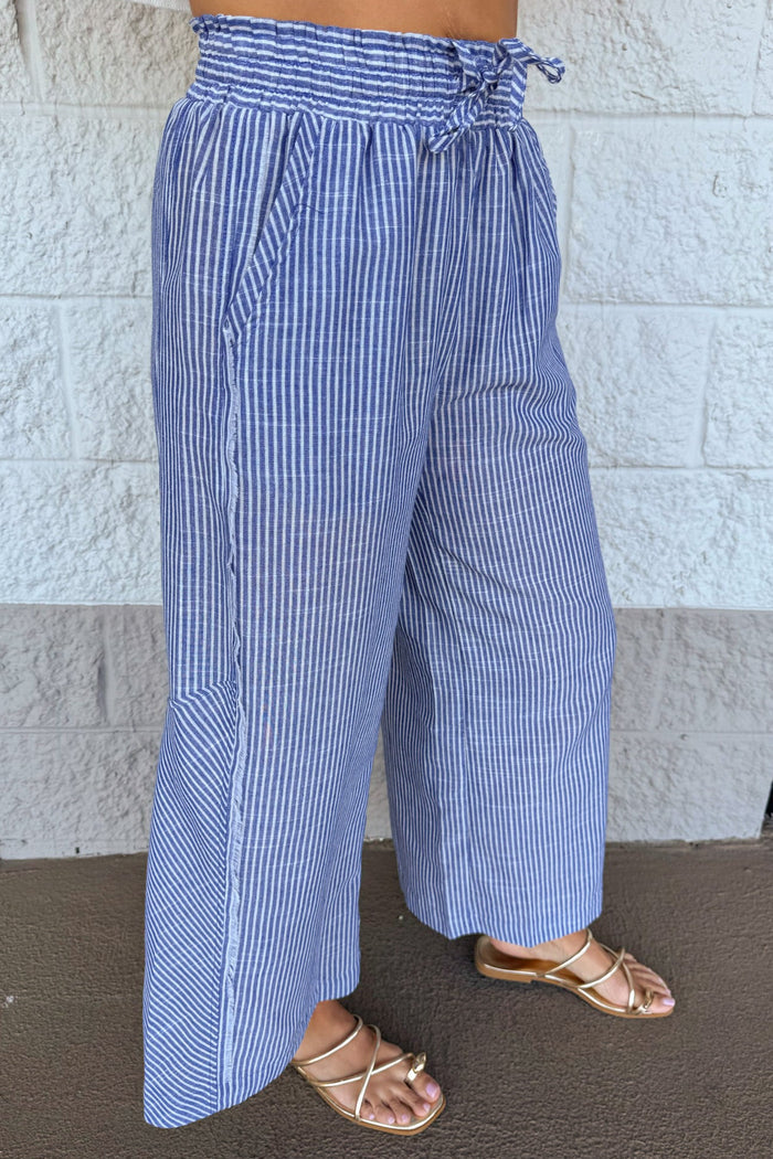 blue and cream striped wide leg frayed seam details linen pants with front pockets