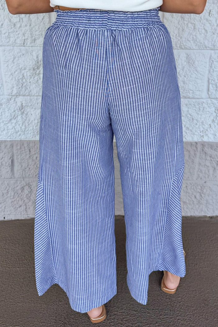 blue and cream striped wide leg frayed seam details elastic waist linen pants