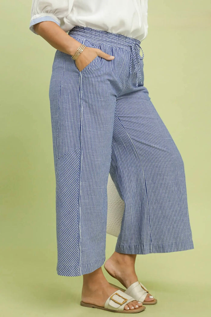 Umgee plus size blue and cream striped wide leg linen pants with frayed seam details and front pockets