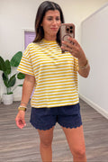 daisy yellow and white horizontal striped short sleeve knit top