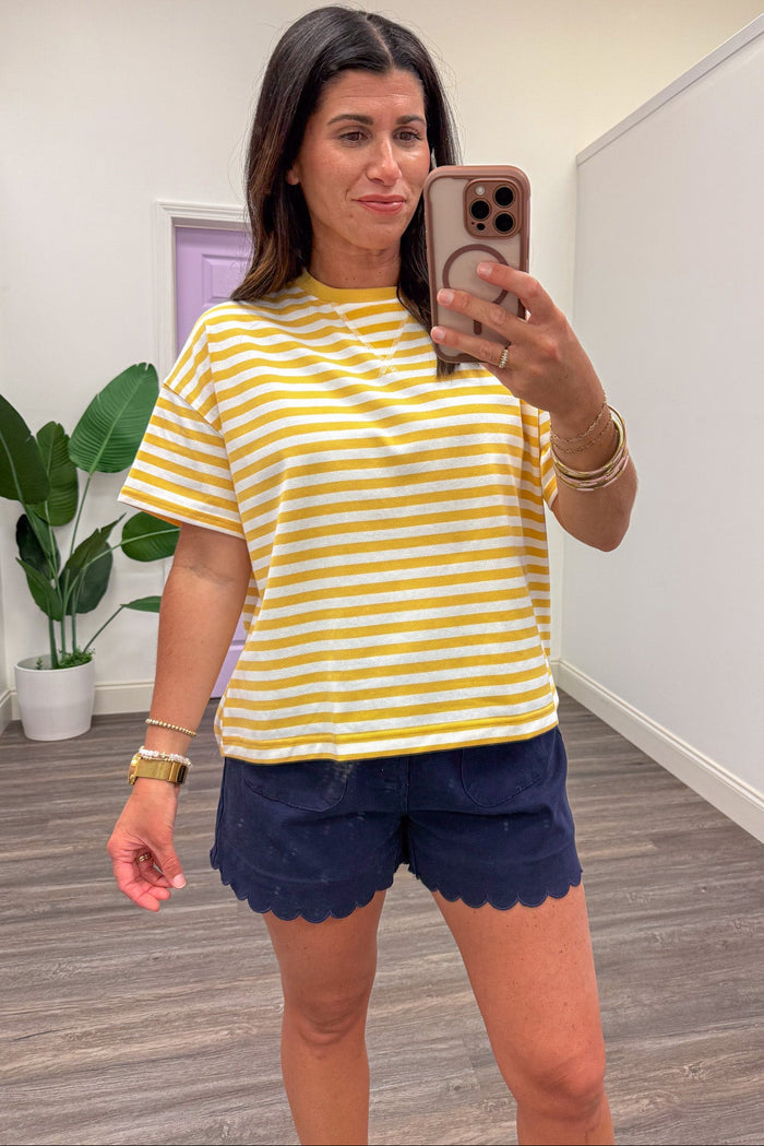 daisy yellow and white horizontal striped short sleeve knit top