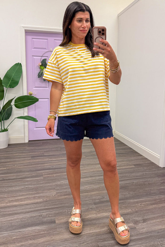 daisy yellow and white striped drop shoulder short sleeve knit top