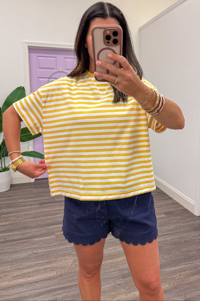 daisy yellow and white striped short sleeve relaxed silhouette knit top