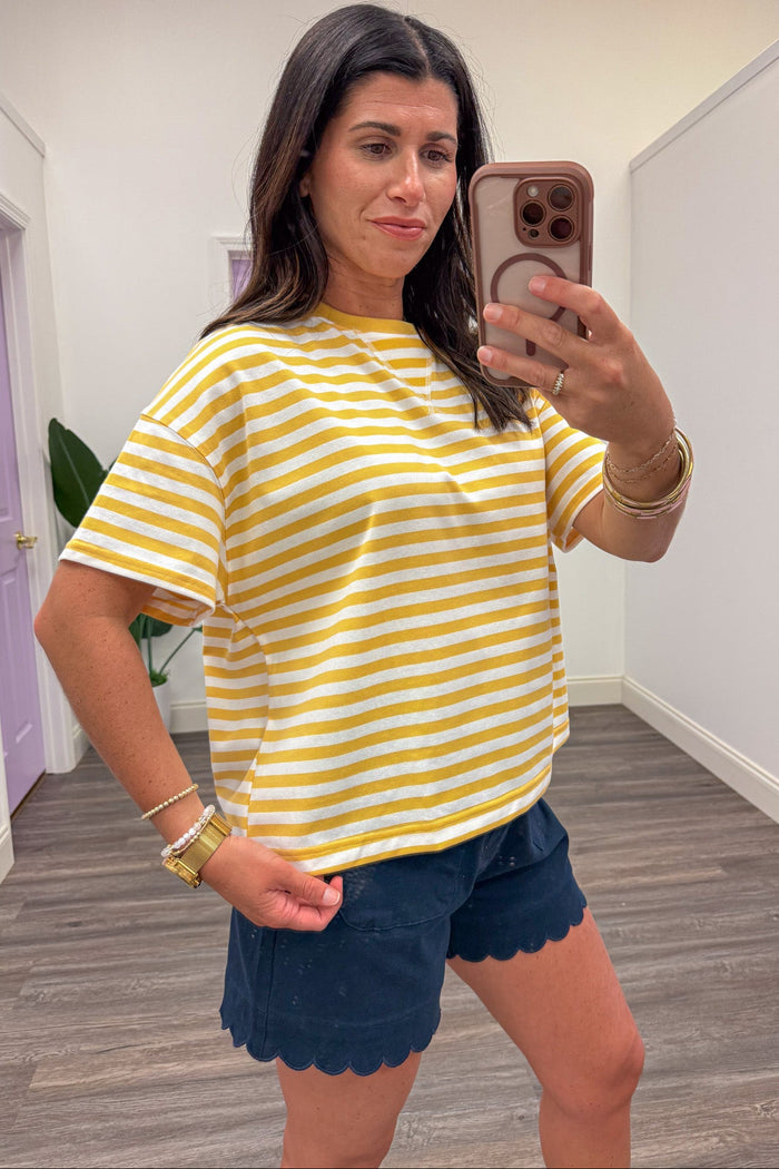 daisy yellow and white striped short sleeve crew neckline knit top