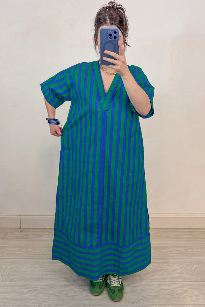 green and blue alternating striped midi dress flowy silhouette