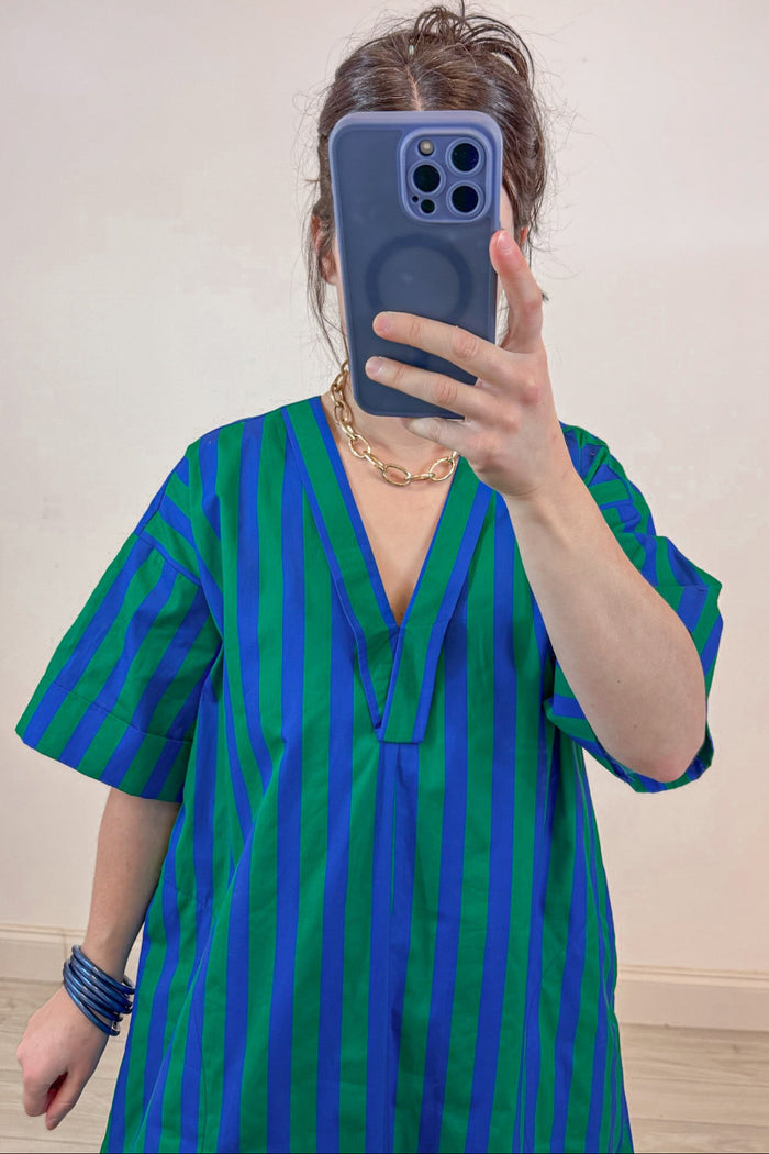 green and blue alternating striped short sleeve v neckline midi dress