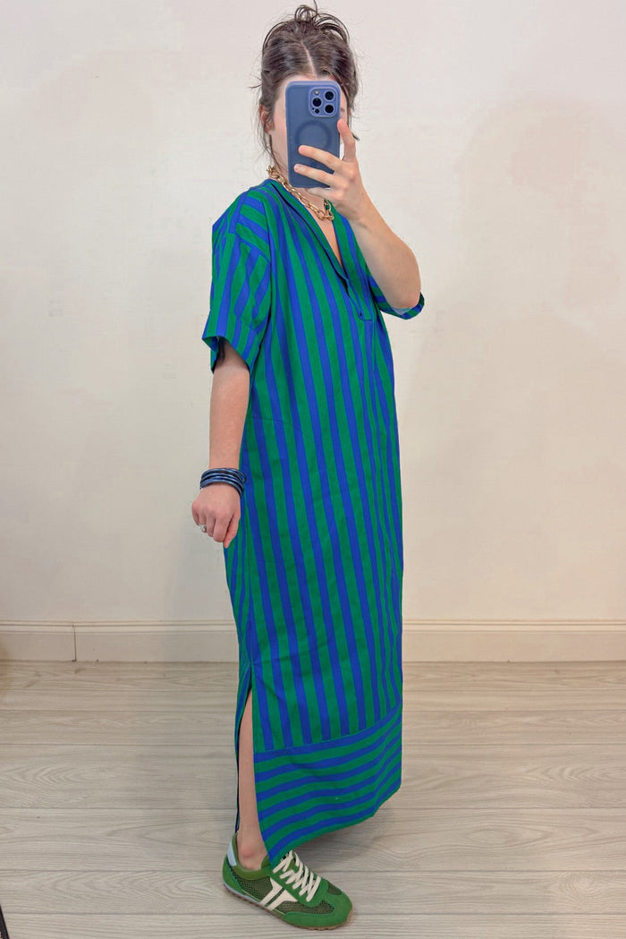 green and blue alternating striped midi dress with side slits at hem
