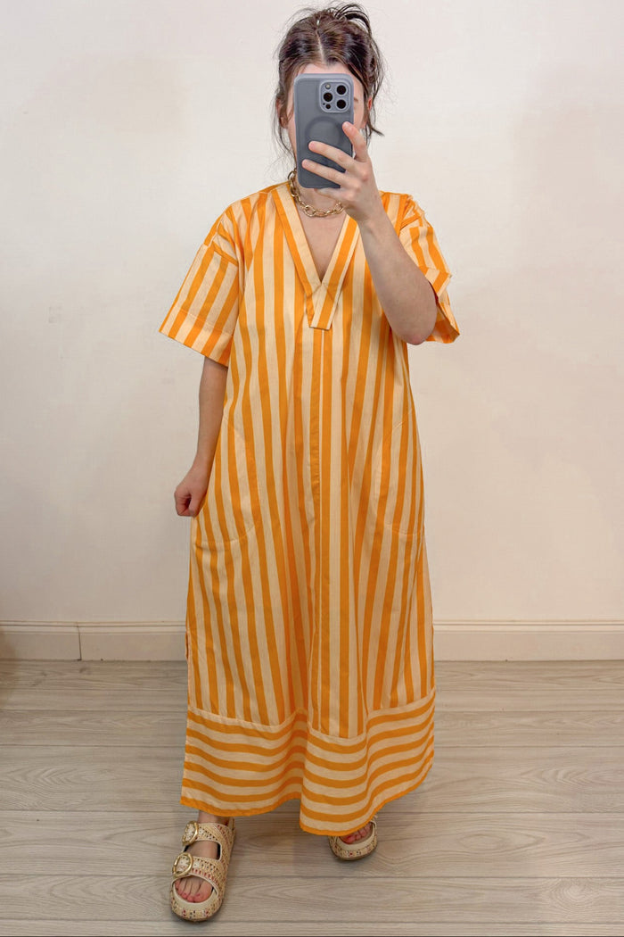 orange and pale peach striped short sleeve v neckline midi dress