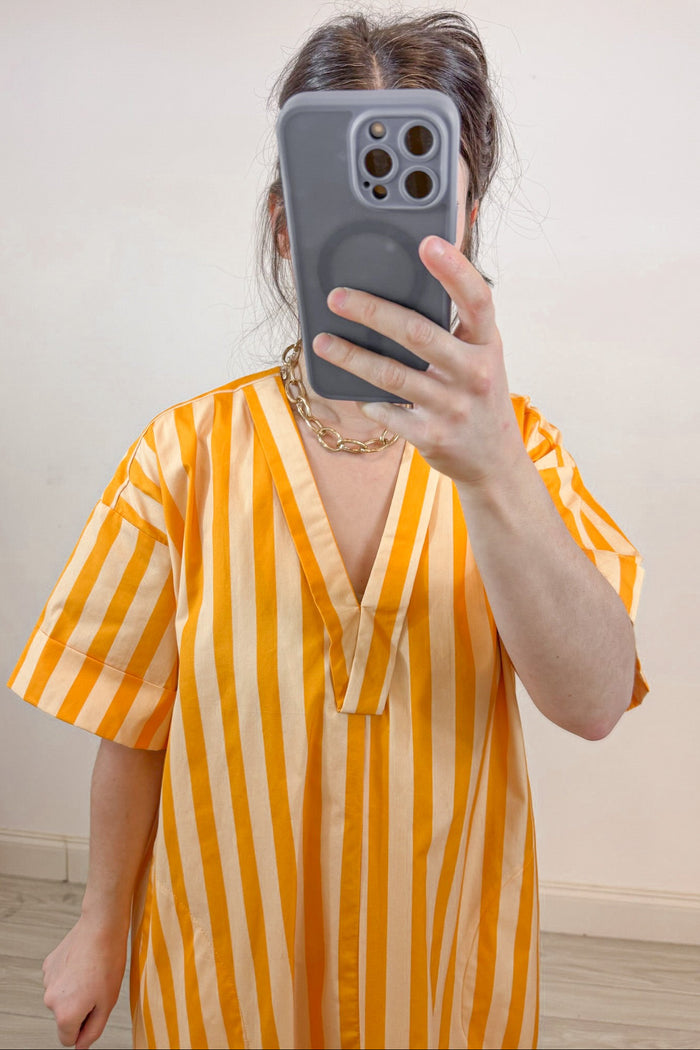orange and pale peach striped drop shoulder short sleeve midi dress