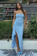 Sky Blue - Mermaid Strapless Satin Pleated Long Prom Dress with Slit