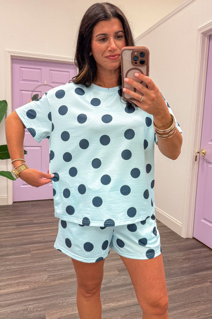 sky blue and navy blue polka dot print relaxed fit top and shorts matching loungewear set