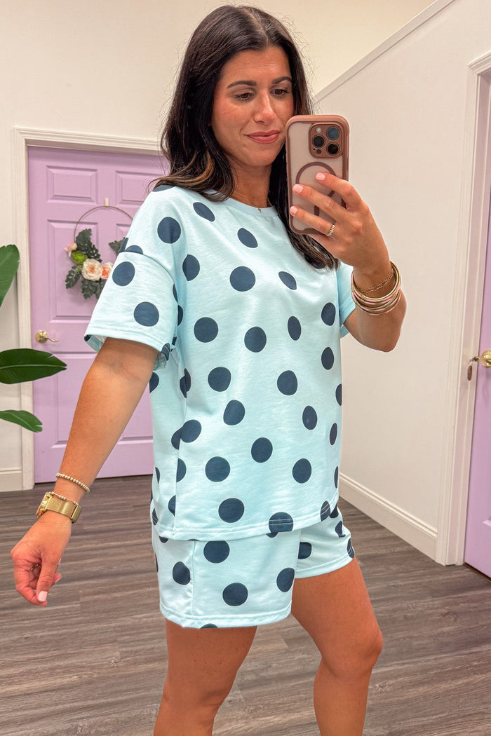 sky blue and navy blue polka dot print crew neckline top and shorts matching loungewear set