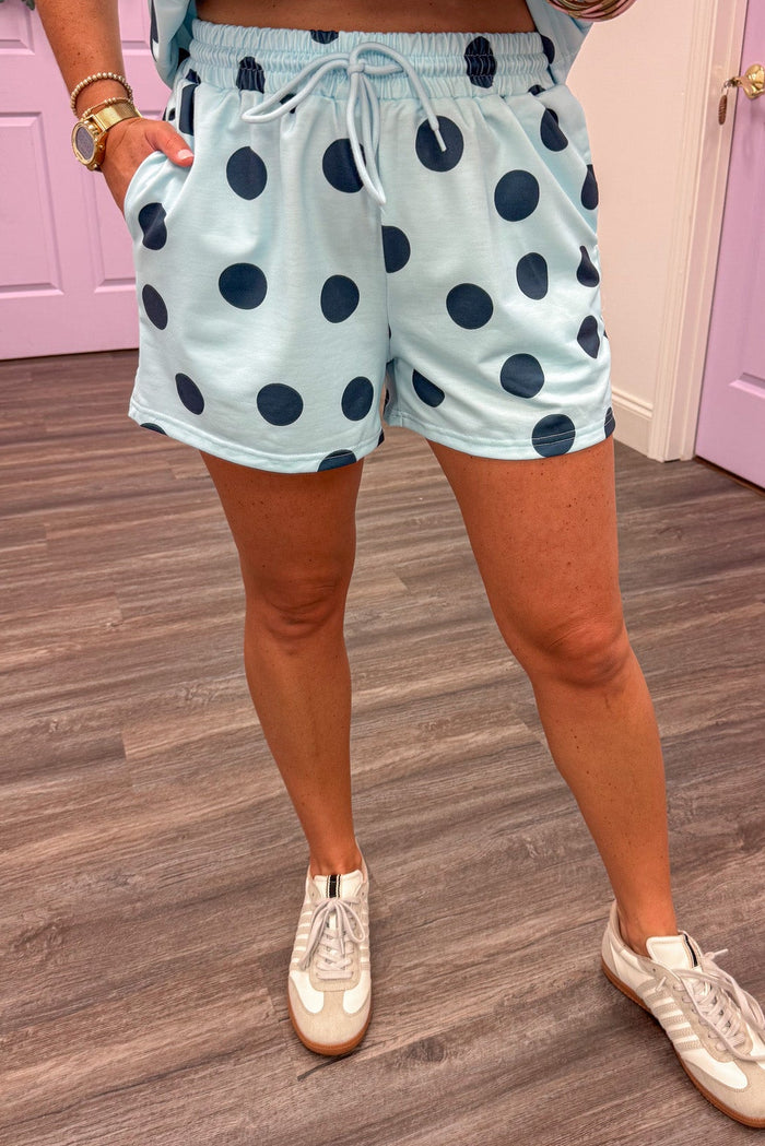 sky blue and navy blue polka dot print top and front pocket shorts matching loungewear set