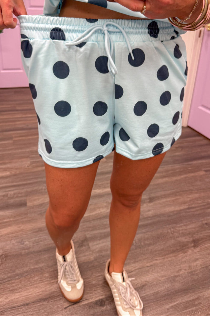 sky blue and navy blue polka dot print top and elastic waistband shorts matching loungewear set