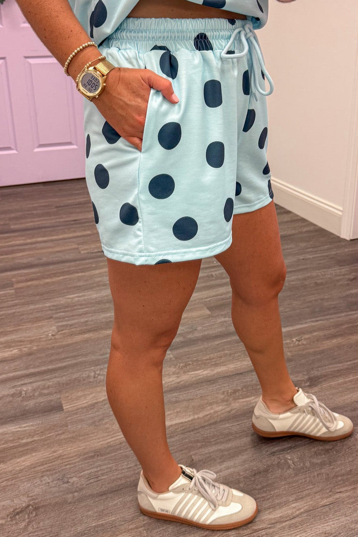 sky blue and navy blue polka dot print top and drawstring shorts matching loungewear set