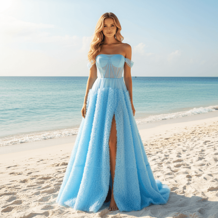 Sky Ruffle Skirt Blue Prom Dress with Ruched Corset Bodice & Off-Shoulder Tulle Swags - Rosymae