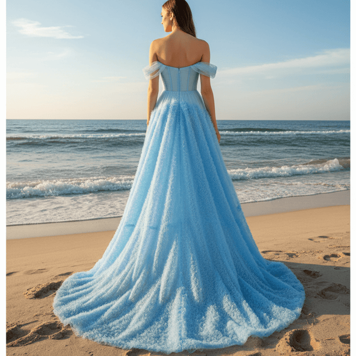 Sky Ruffle Skirt Blue Prom Dress with Ruched Corset Bodice & Off-Shoulder Tulle Swags - Rosymae
