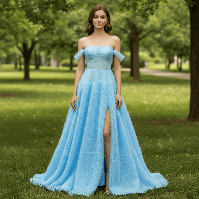Sky Ruffle Skirt Blue Prom Dress with Ruched Corset Bodice & Off-Shoulder Tulle Swags - Rosymae