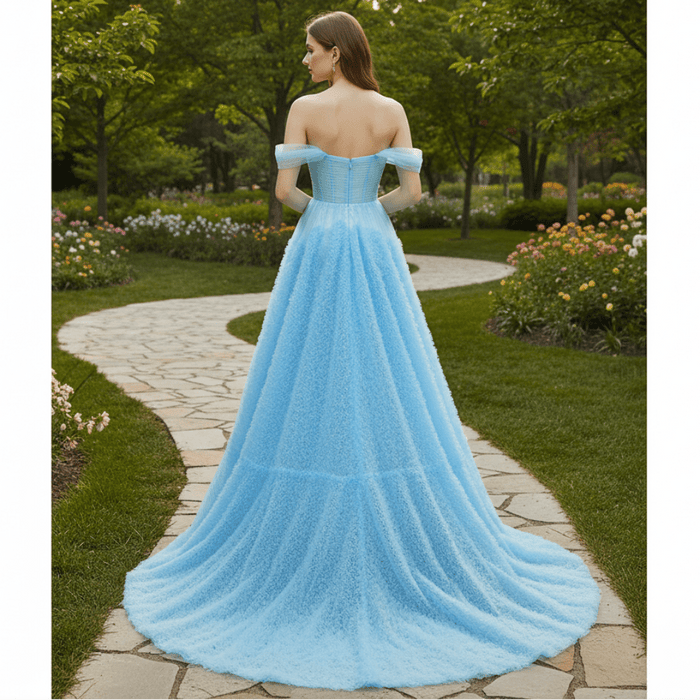 Sky Ruffle Skirt Blue Prom Dress with Ruched Corset Bodice & Off-Shoulder Tulle Swags - Rosymae