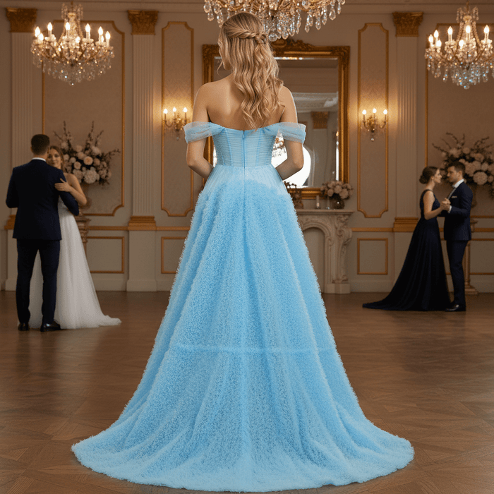 Sky Ruffle Skirt Blue Prom Dress with Ruched Corset Bodice & Off-Shoulder Tulle Swags - Rosymae