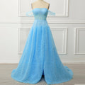 Sky Ruffle Skirt Blue Prom Dress with Ruched Corset Bodice & Off-Shoulder Tulle Swags - Rosymae