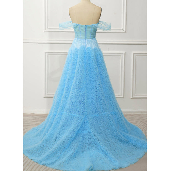 Sky Ruffle Skirt Blue Prom Dress with Ruched Corset Bodice & Off-Shoulder Tulle Swags - Rosymae