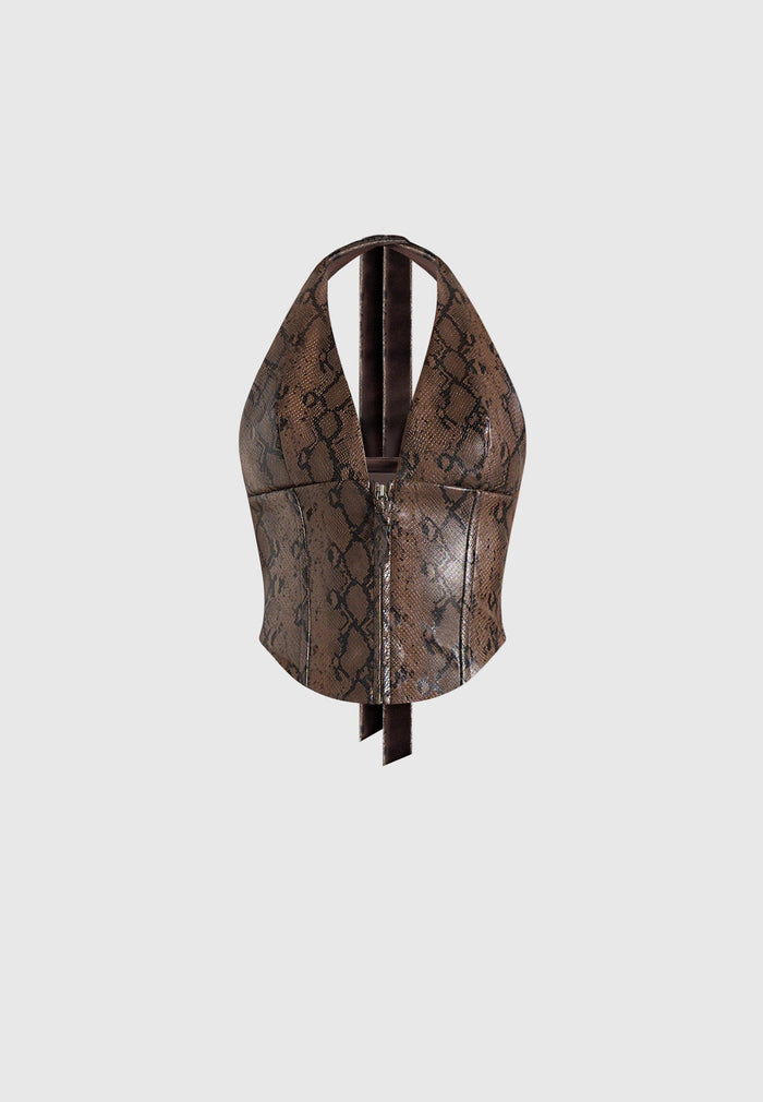 sloane-python-halterneck-corset-top-brown