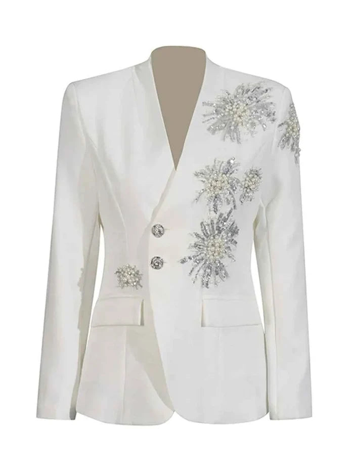 Solid Spliced Beading Slimming Blazer for Women Notched Collar Long Sleeve Jacket