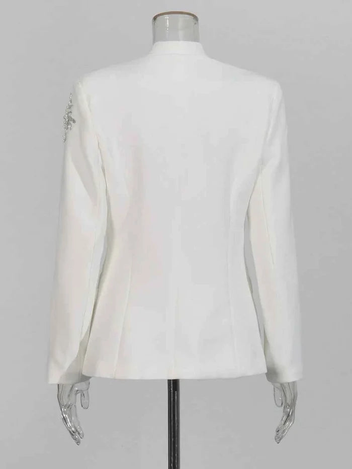 Solid Spliced Beading Slimming Blazer for Women Notched Collar Long Sleeve Jacket