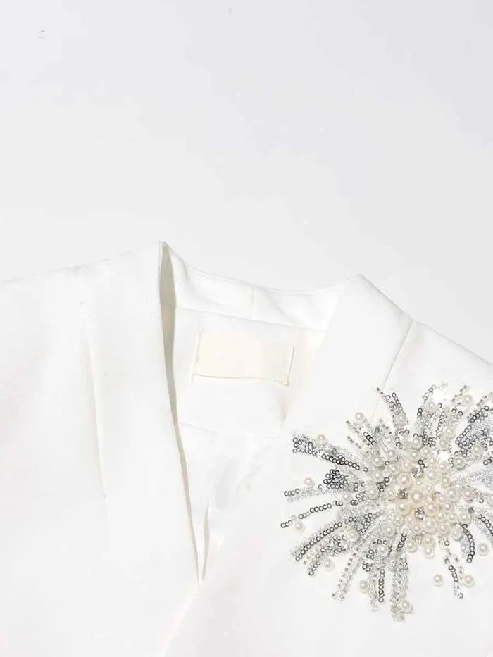 Solid Spliced Beading Slimming Blazer for Women Notched Collar Long Sleeve Jacket