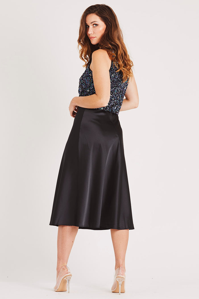 Sophie Black Satin Midi Skirt
