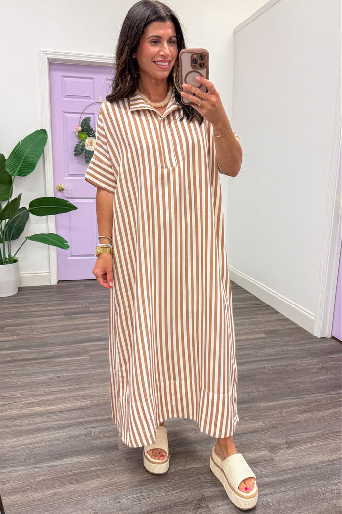 taupe and ivory striped collared short sleeve midi dress
