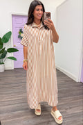 taupe and ivory striped collared short sleeve midi dress
