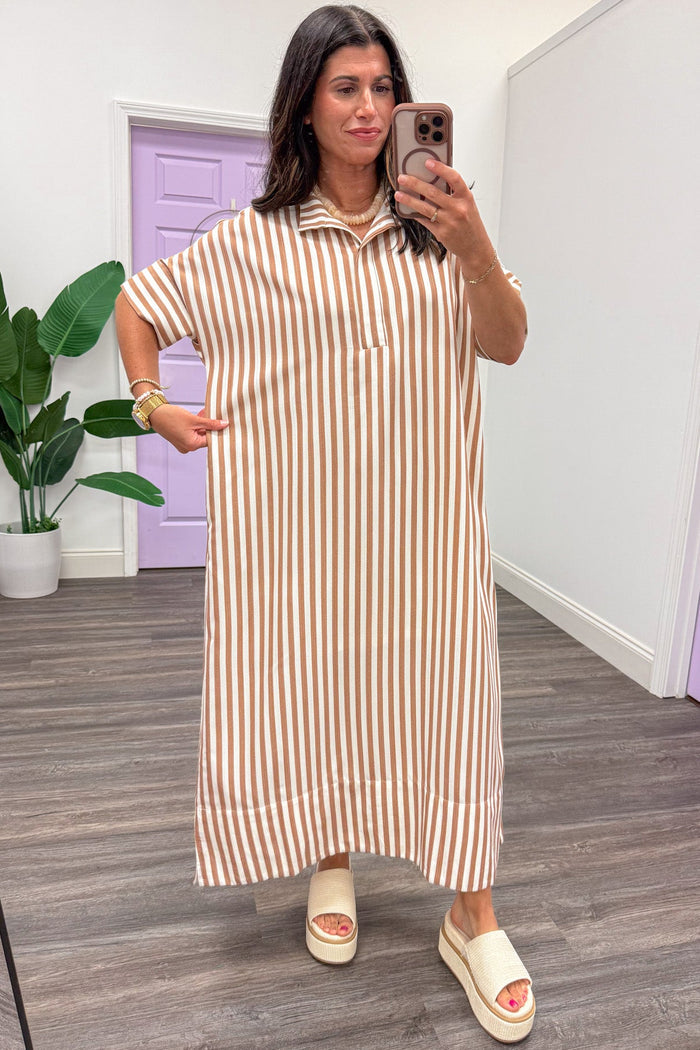 taupe and ivory striped collared short sleeve relaxed silhouette midi dress