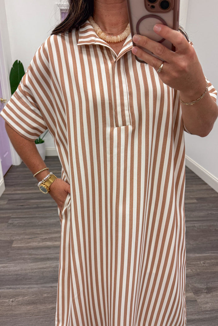 taupe and ivory striped standing collar with front buttons short sleeve midi dress