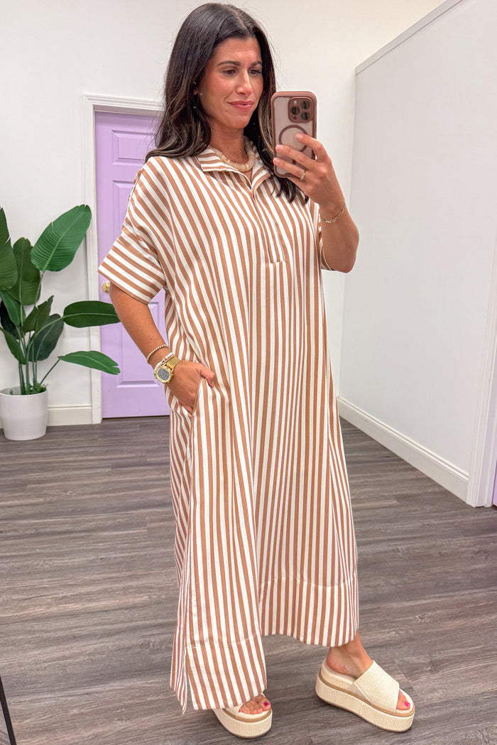 taupe and ivory striped collared short sleeve midi dress with side pockets