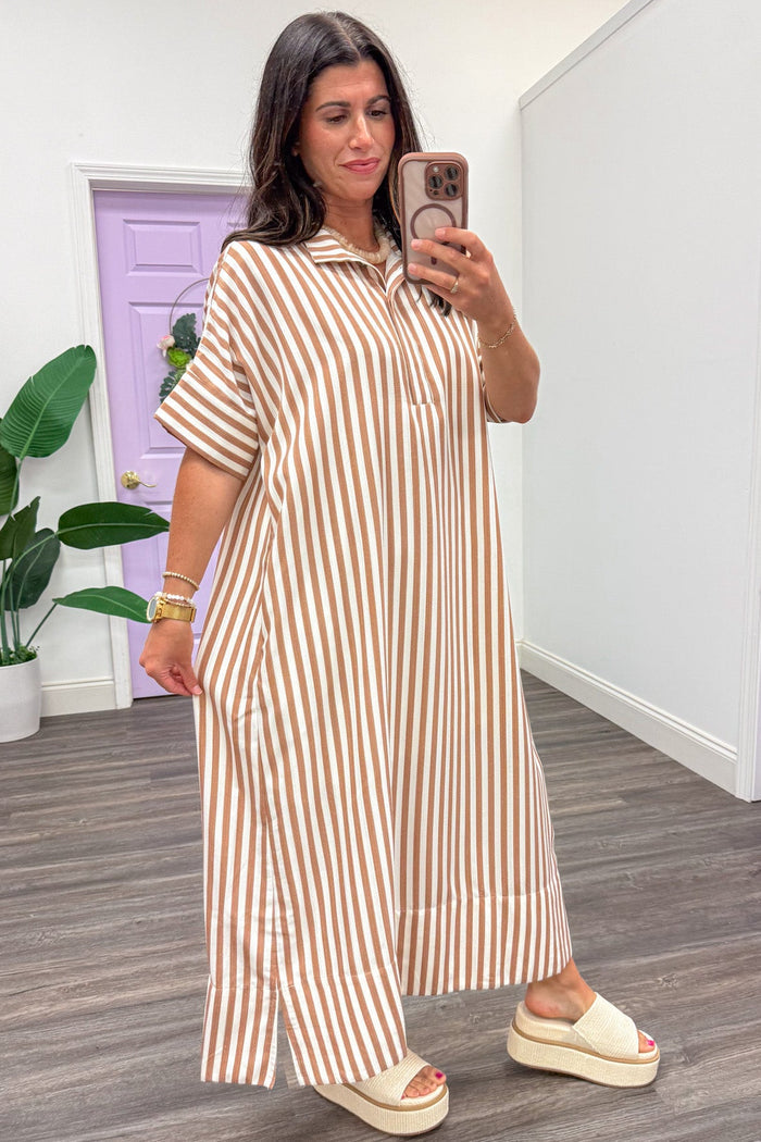 taupe and ivory striped collared short sleeve flowy midi dress
