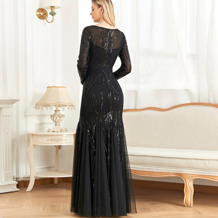 Sparkly Sequins Evening Dress Long Sleeves Wedding Party Maxi Dress - Rosymae
