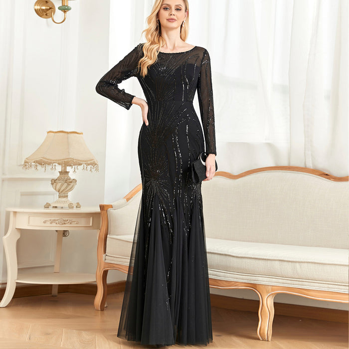 Sparkly Sequins Evening Dress Long Sleeves Wedding Party Maxi Dress - Rosymae
