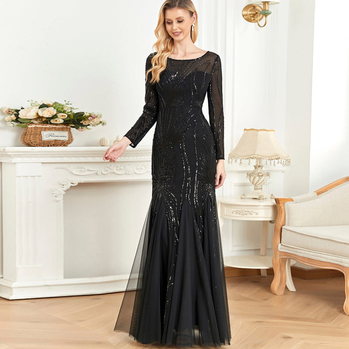Sparkly Sequins Evening Dress Long Sleeves Wedding Party Maxi Dress - Rosymae