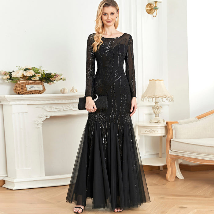 Sparkly Sequins Evening Dress Long Sleeves Wedding Party Maxi Dress - Rosymae
