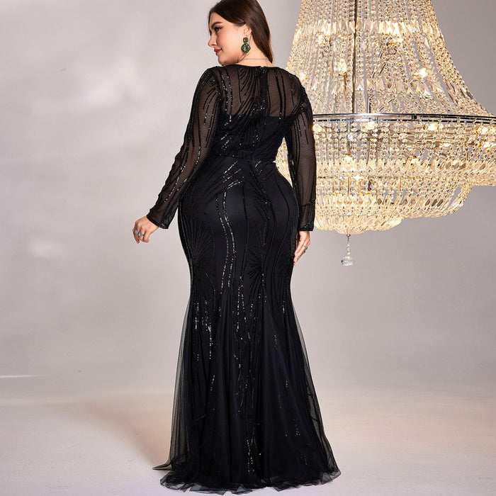 Sparkly Sequins Evening Dress Long Sleeves Wedding Party Maxi Dress - Rosymae