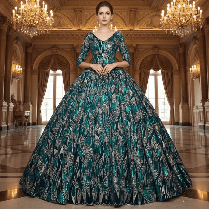 Sparky Sequins Half Sleeves Ball Gown Floor Length Quinceanera Dresses - Rosymae