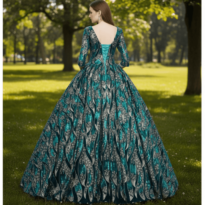 Sparky Sequins Half Sleeves Ball Gown Floor Length Quinceanera Dresses - Rosymae