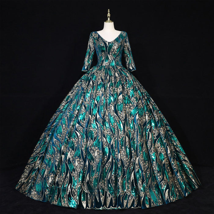 Sparky Sequins Half Sleeves Ball Gown Floor Length Quinceanera Dresses - Rosymae