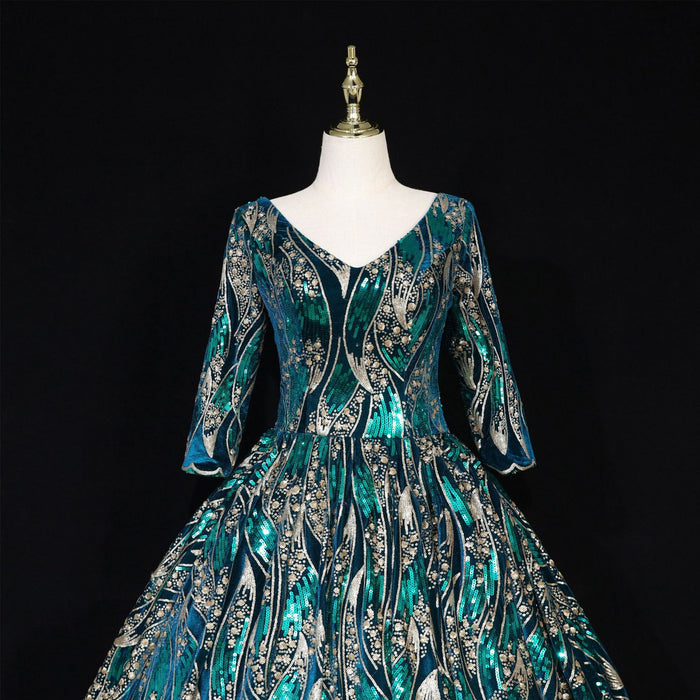 Sparky Sequins Half Sleeves Ball Gown Floor Length Quinceanera Dresses - Rosymae
