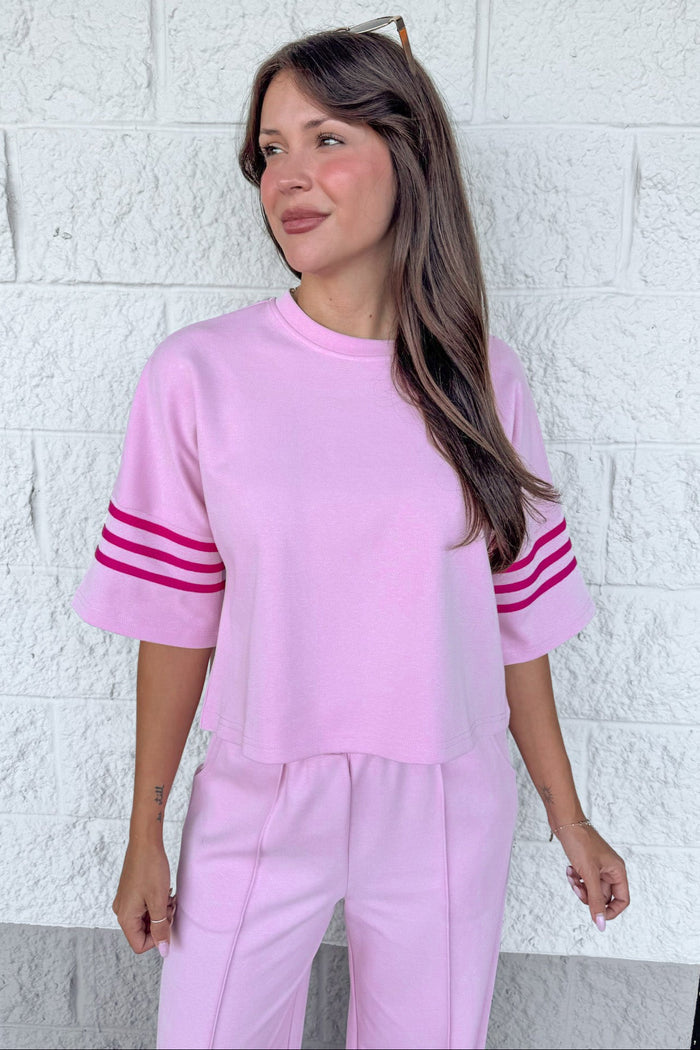 light pink with hot pink striped short sleeves crew neckline knit top