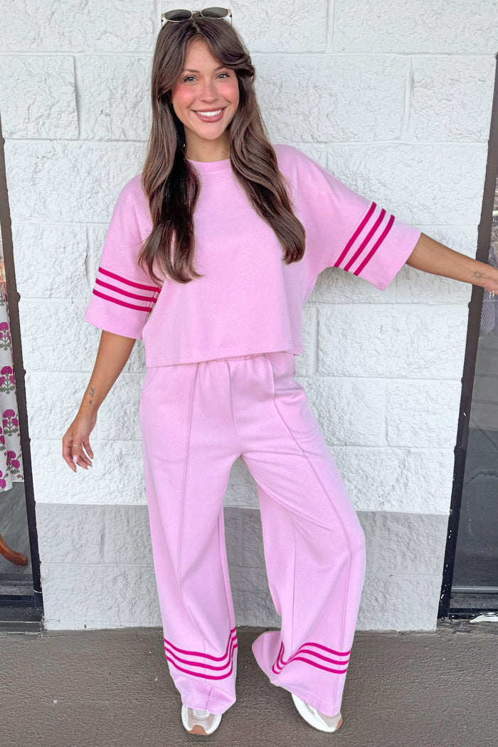 light pink with hot pink striped drop shoulder short sleeves crew neckline knit top