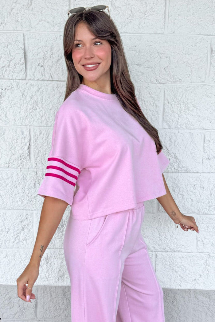 light pink with hot pink striped short sleeves crew neckline knit loungewear top