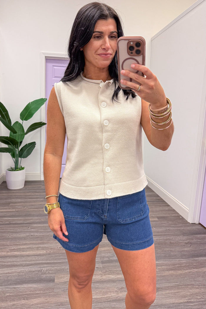 oatmeal beige button front sleeveless sweater vest